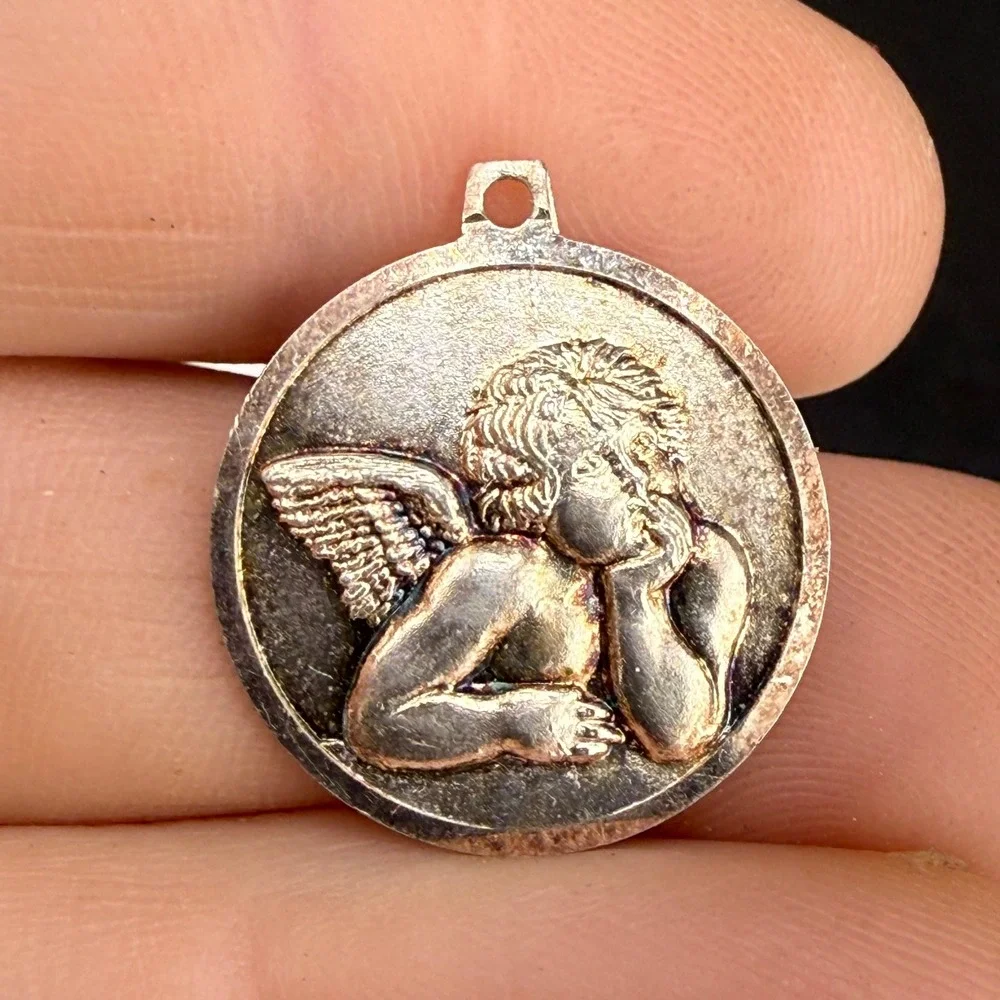 Vintage RM Angel Cherub Pendant Silver 925 Round Religious Medallion